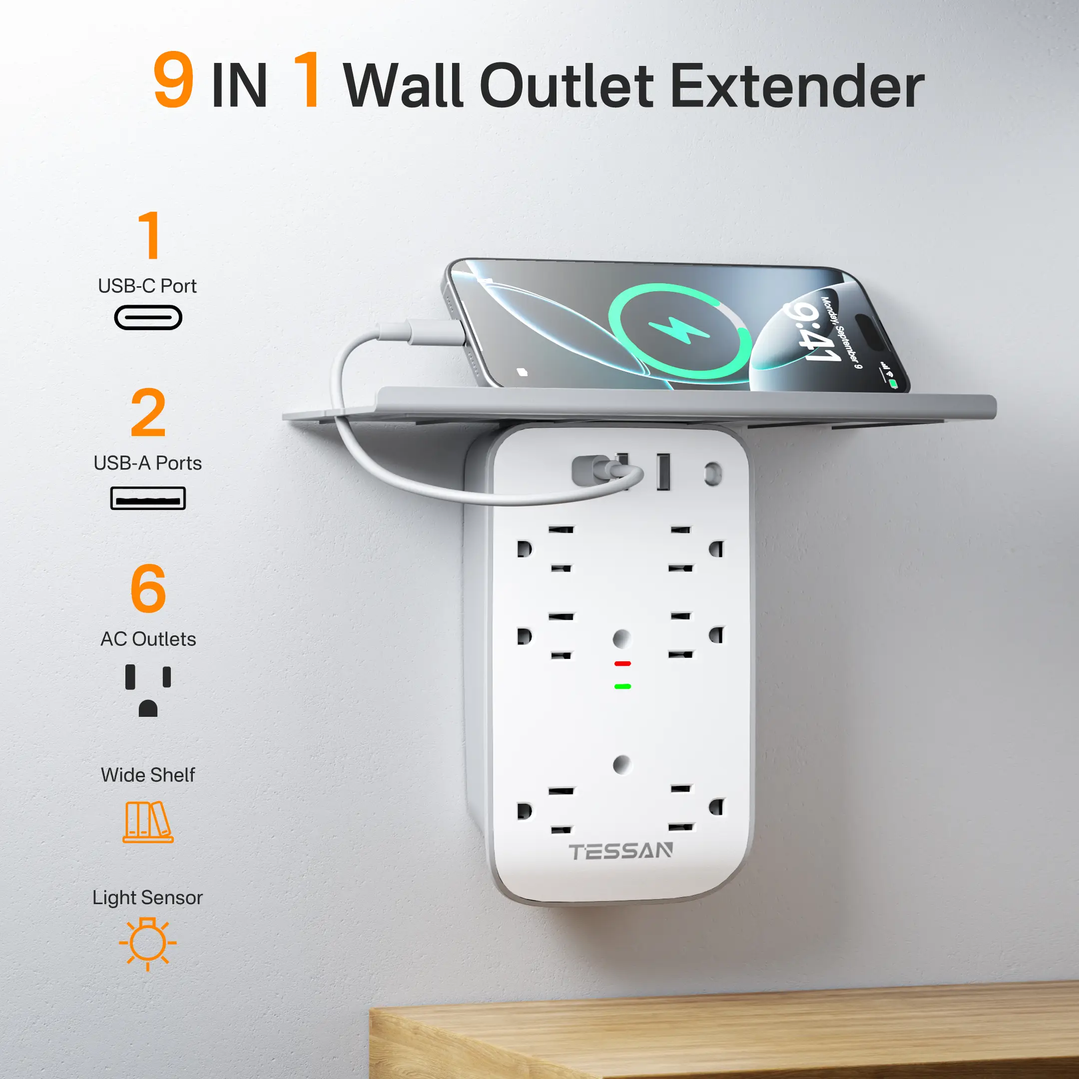 Tessan Wall Outlet Extender with Shelf Night Light Surge Protector Multi Plug Outlets USB Charger 6 AC 2 USB Ports 1 USB C for Home Office
