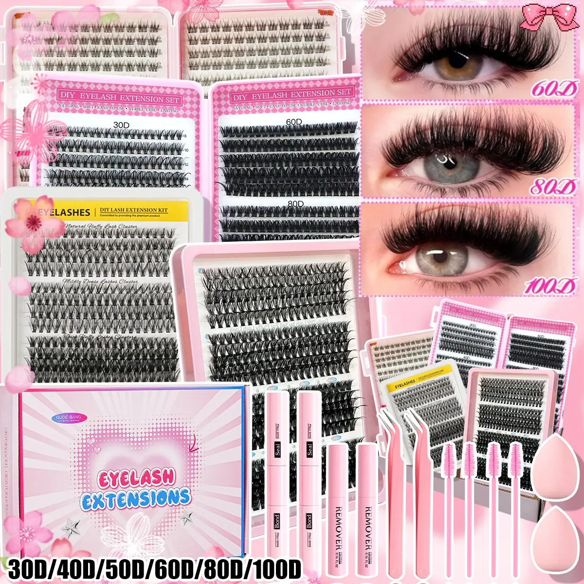 High-capacity eyelash clusters, Eyelash extensions, gift box packaging, various styles available, including false eyelashes, 2 pairs of dual-head adhesive, remover liquid, tweezers, 4 brushes, 2 makeup sponges, D-curved, easy DIY personal false eyelashe