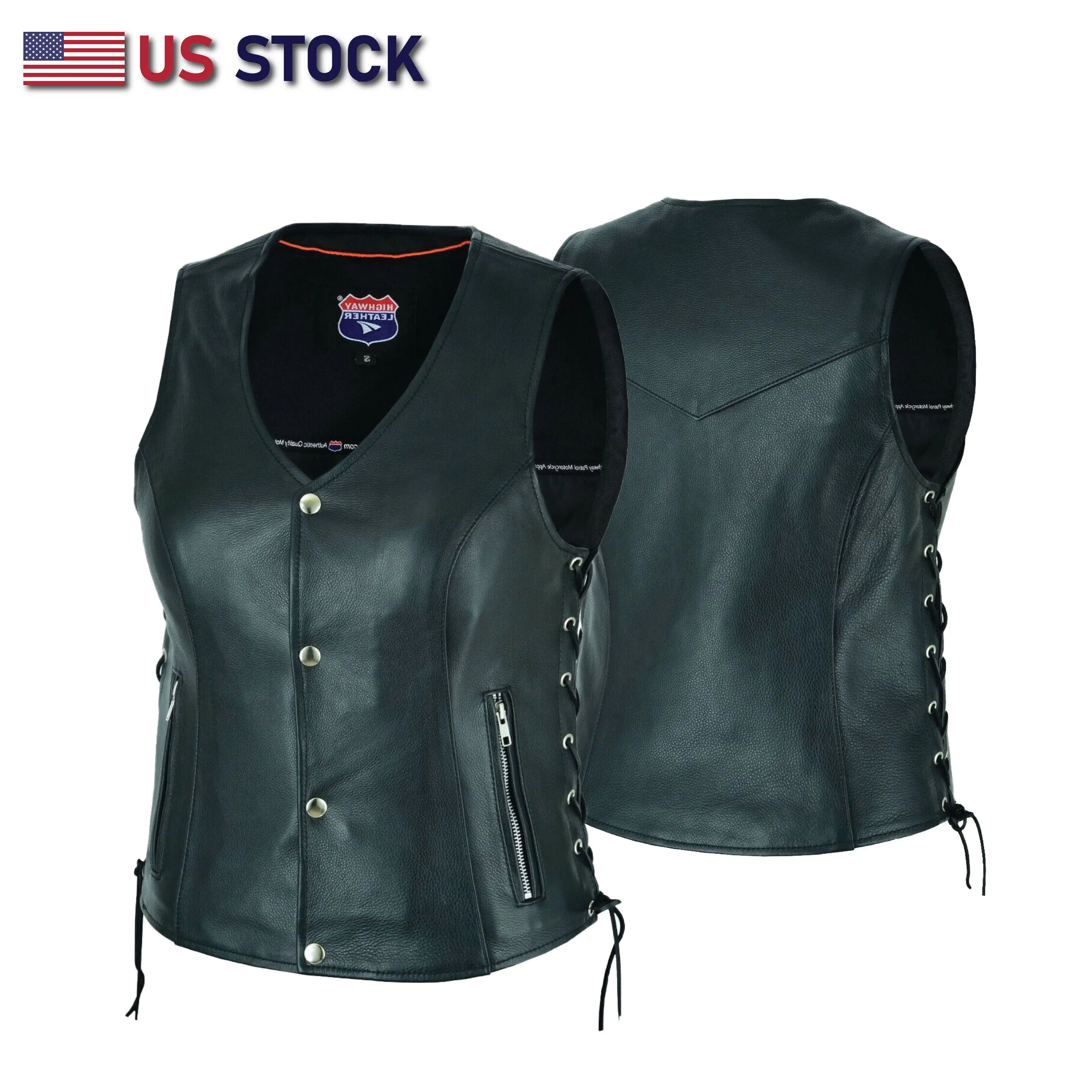HL14851SPT Black Women's 4 oz Buffalo Hide Lace-Up Side Leather Motorcycle Vest, All Seasons Soft Womenswear with Zipper Pockets, Heavy-Duty Steel Snaps, Convenient Storage, US STOCK
