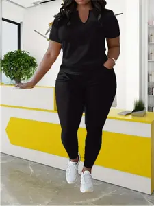Plus Size Sporty Set - 2PCS Casual Round Neck Activewear T-Shirt & Long Pants Outfit for Women, Soft Stretchy Polyester Spandex Blend, Relaxed Fit with Elastic Waistband