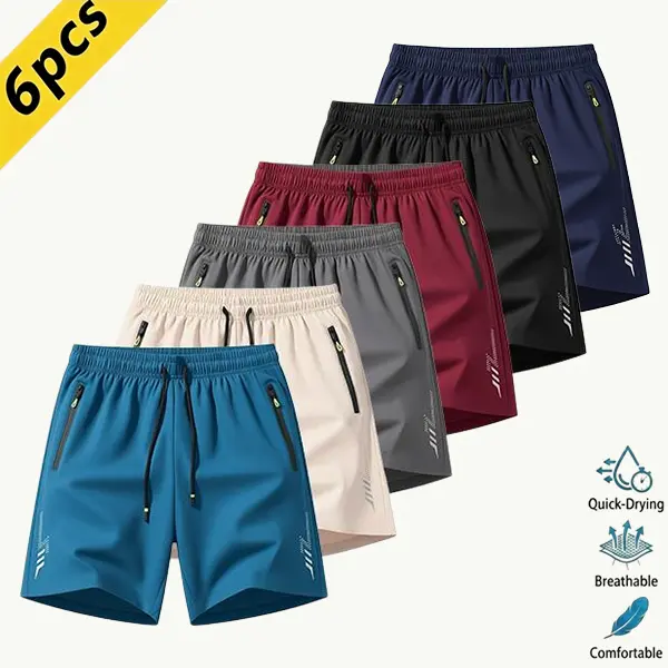 Men’s quick-dry lightweight breathable shorts, 6-pack, casual athletic style, wrinkle-resistant polyester blend fabric, solid color with reflective lightning stripe accents, suitable for running, basketball, and fitness training. SpringStatements