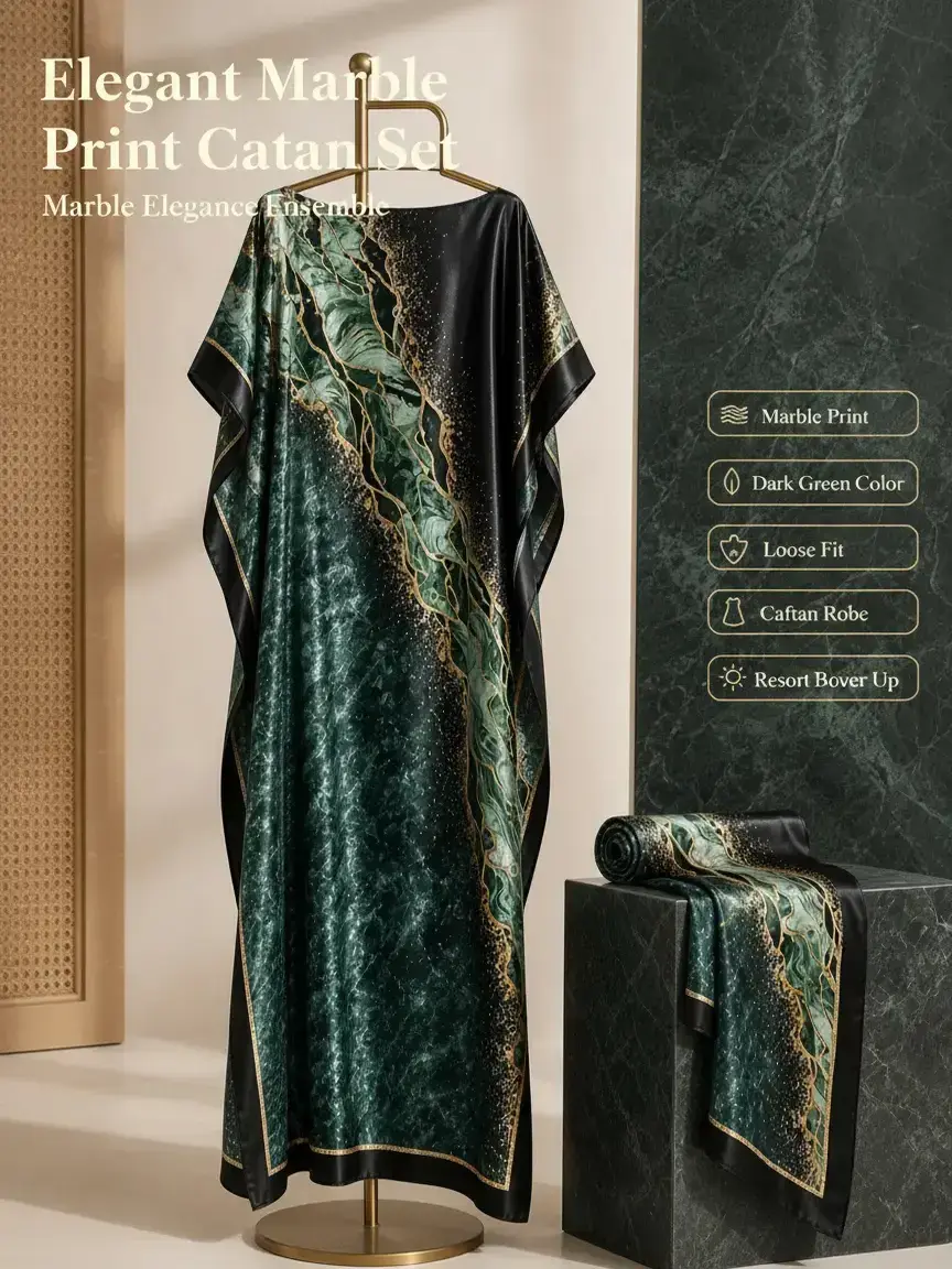 MuuMuu Muse Women's 2-Piece Dark Green Marble Print Caftan Dress & Scarf Set - Loose Fit, Comfortable, Elegant Long Robe with Smooth Drape, Resort Wear, Casual Wear, Scarf Print Scarves & Shawls Beach Cover Up
