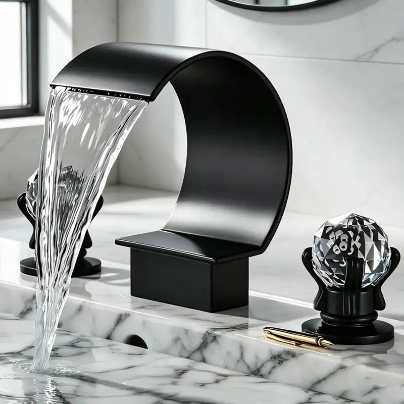 Modern Bathroom Sink Faucet with High Arc Waterfall Spout - Widespread Bathroom Faucet, Easy Temperature & flow Control, Valve, for Vanity, Bathroom, or Kitchen Sink - Luxury Bathroom Faucet, Faucet for Bathroom Sink, Luxury Washroom Fixture