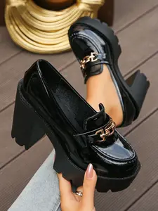 Women's Patent Leather Platform Loafers, Chunky Block Heel, Gold Chain Buckle, Height Boosting, Slip-On Style, Formal & Casual Shoes for Work, Office, Professional Settings