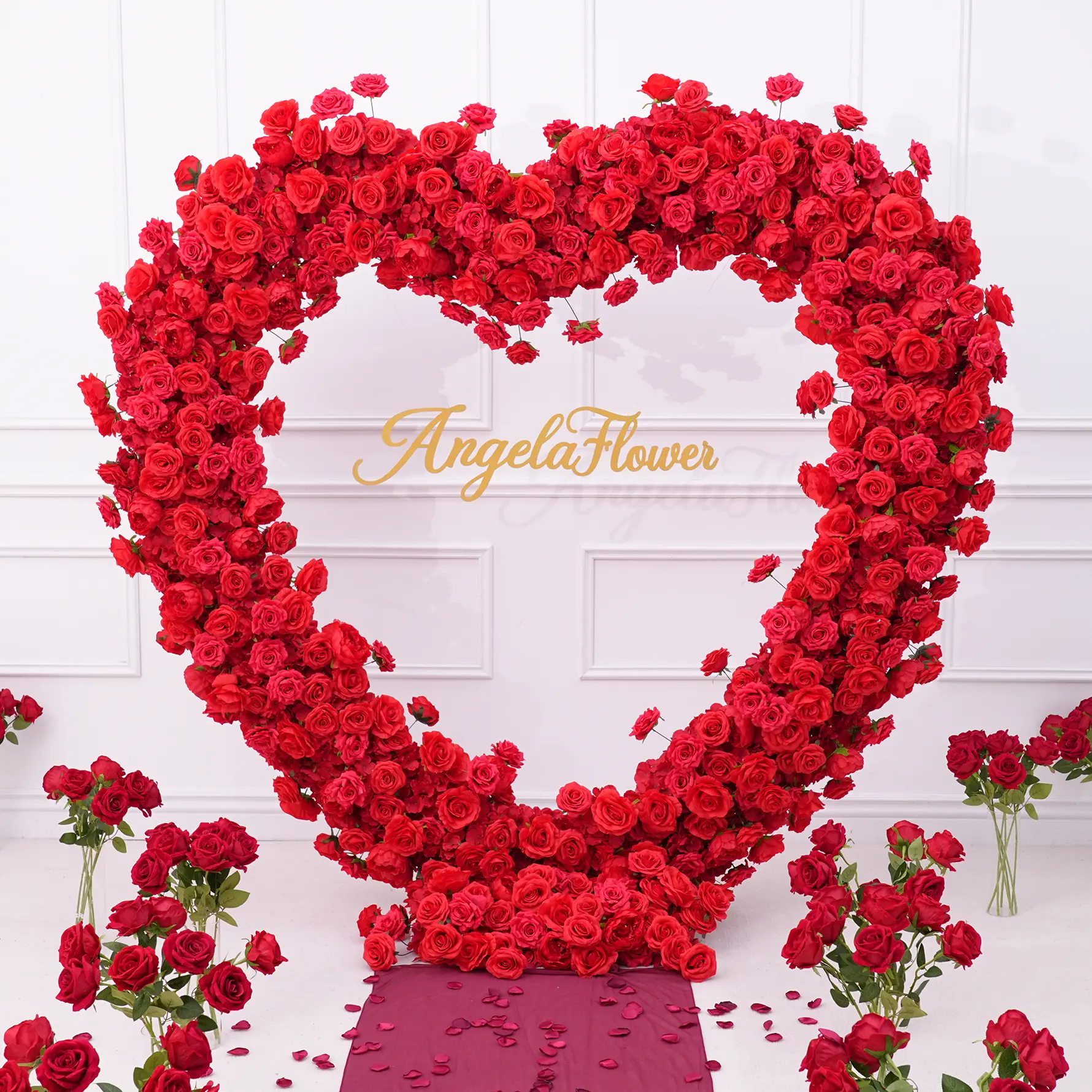 S-A8869 Luxury Silk Red Rose Floral Arrangement, Cloth Base Heart-Shaped Arch Prop, Party Decoration Supplies for Wedding, Modern Elegant Indoor Outdoor Decorative Item