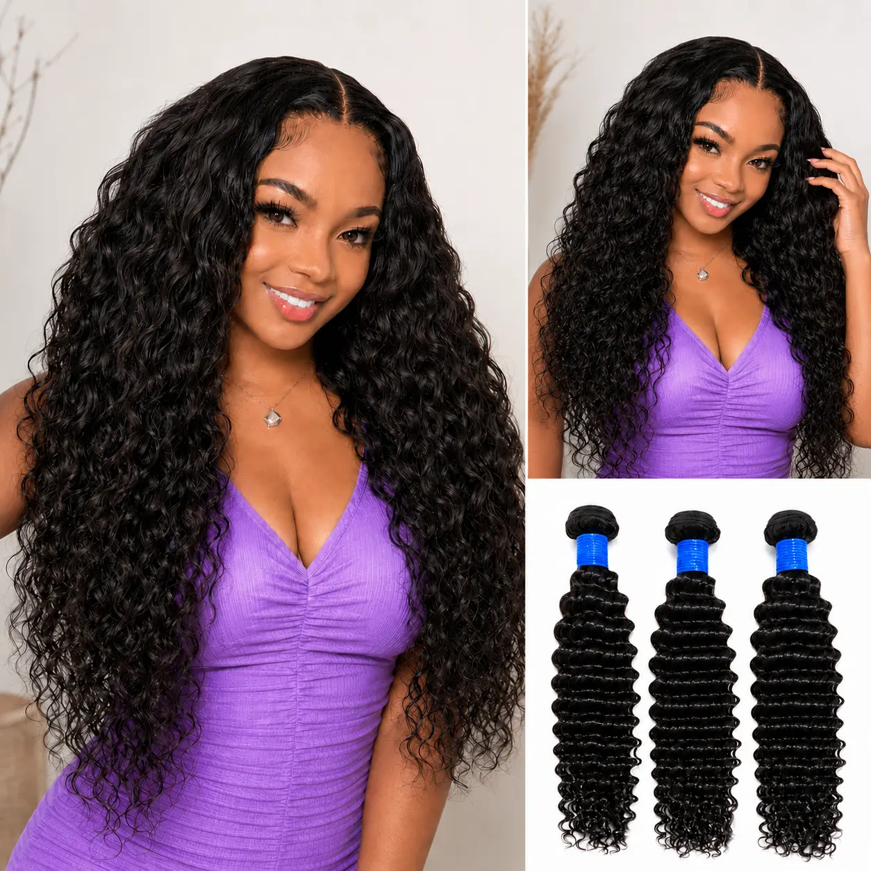 【New Store Special】Deep Curly Human Hair Bundles, 1 or 3 Bundles, 10A 100% Virgin Human Hair 12–30 Inch, Natural Black, Full Thick Ends, Low Shedding, Premium Salon Quality, Same Hair Sold in Our U.S. Stores for Sew-In & Quick Weave
