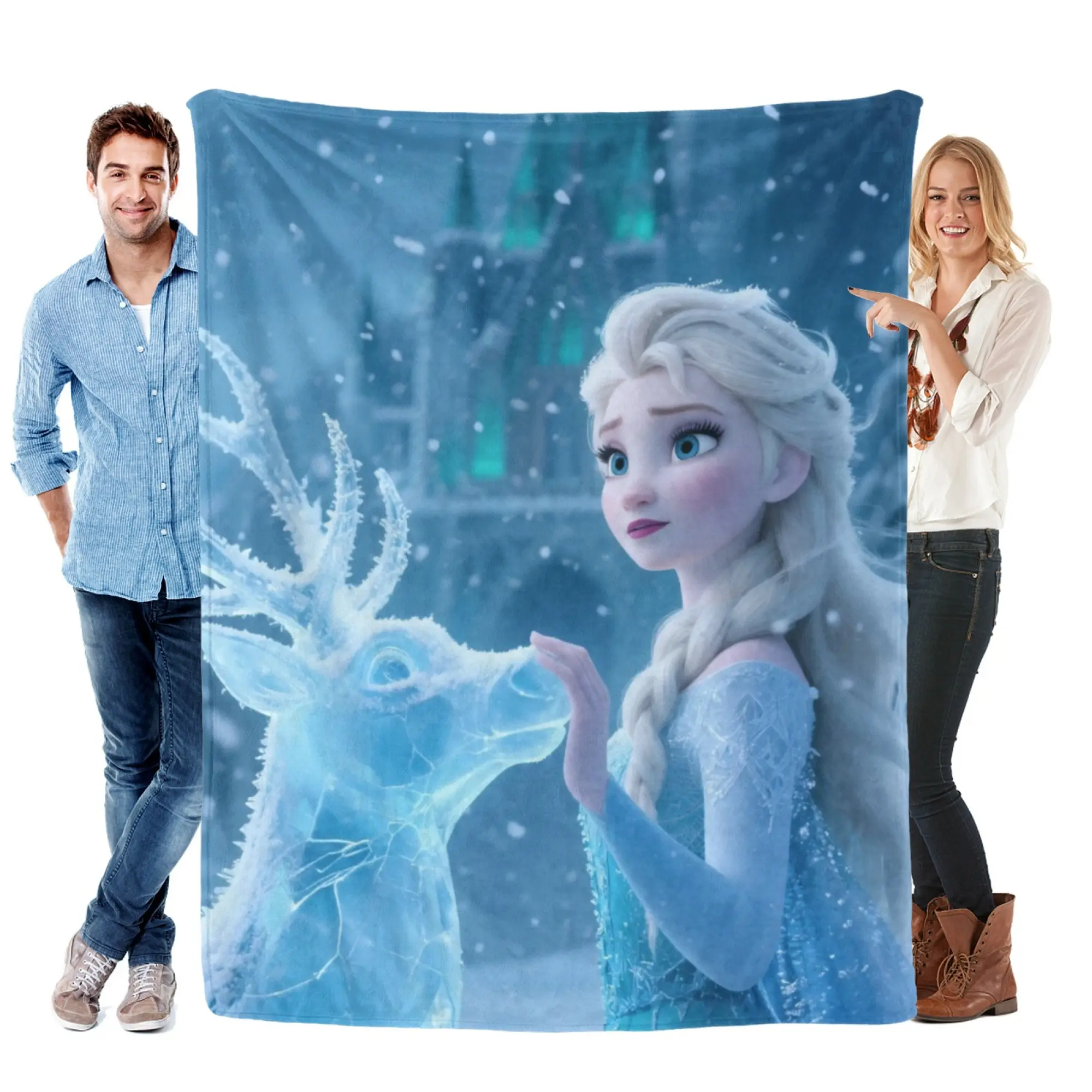 [SummerVibes] DISNEY CLASSIC Frozen Elsa Flannel Blanket, Vibrant 2D Print Ice Reindeer Throw for Bed & Couch