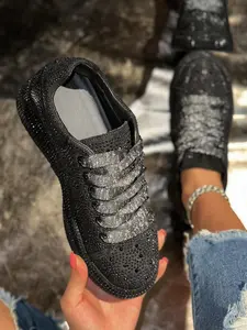 Women's Fashion Casual Chunky Sneakers Fashionable Round Toe Closed Shoes Rhinestone Thick Sole Height Increasing Versatile All-Season Outdoor Walking Shoes Footwear