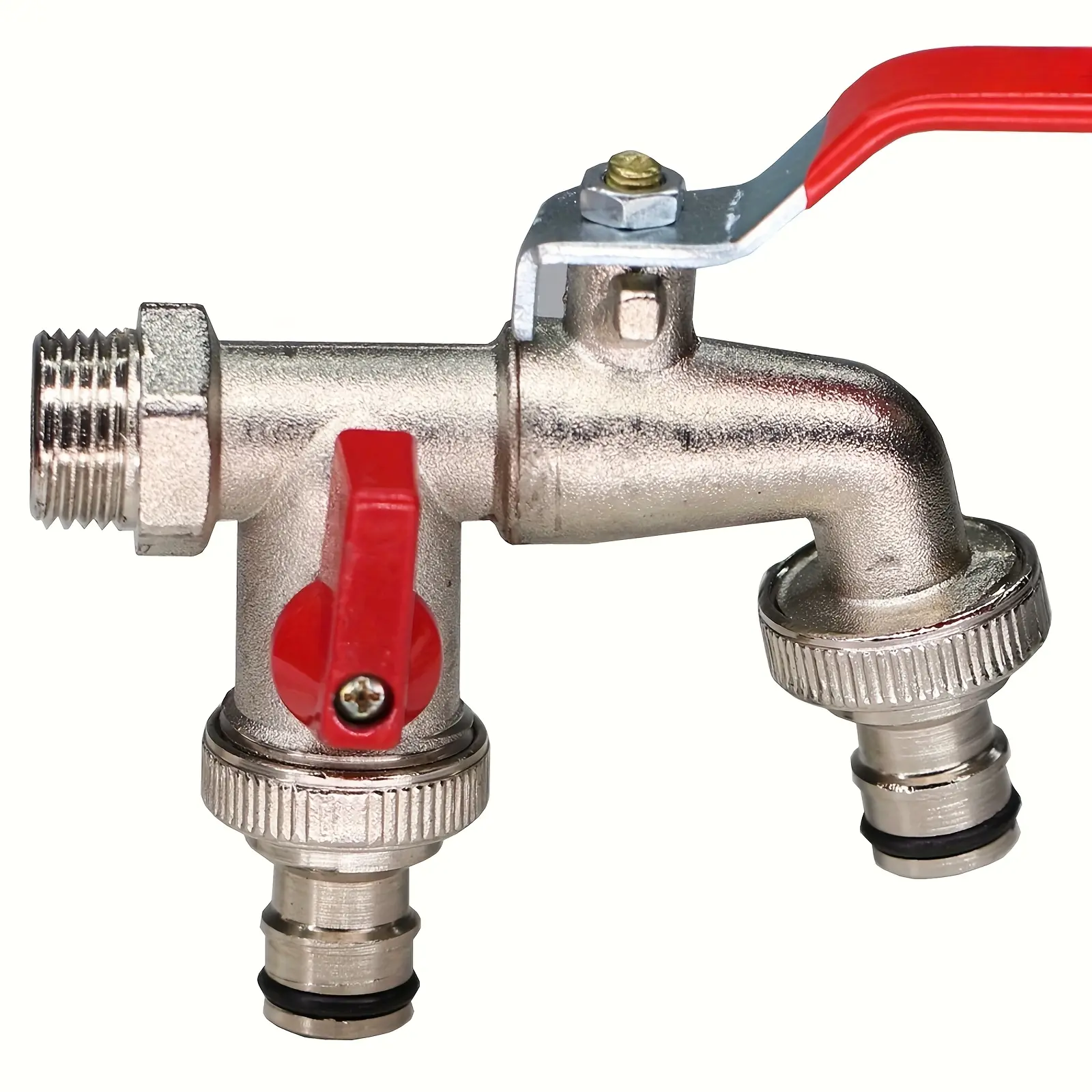1pc Zinc Alloy 1/2 Inch Double Outlet Garden Faucet, Durable Metal Hose Bib Tap with Installation Hardware, US-EU Pipe Compatible, Sleek Finish, Heavy-Duty Outdoor Water Valve for Garden Watering System & Lawn Use