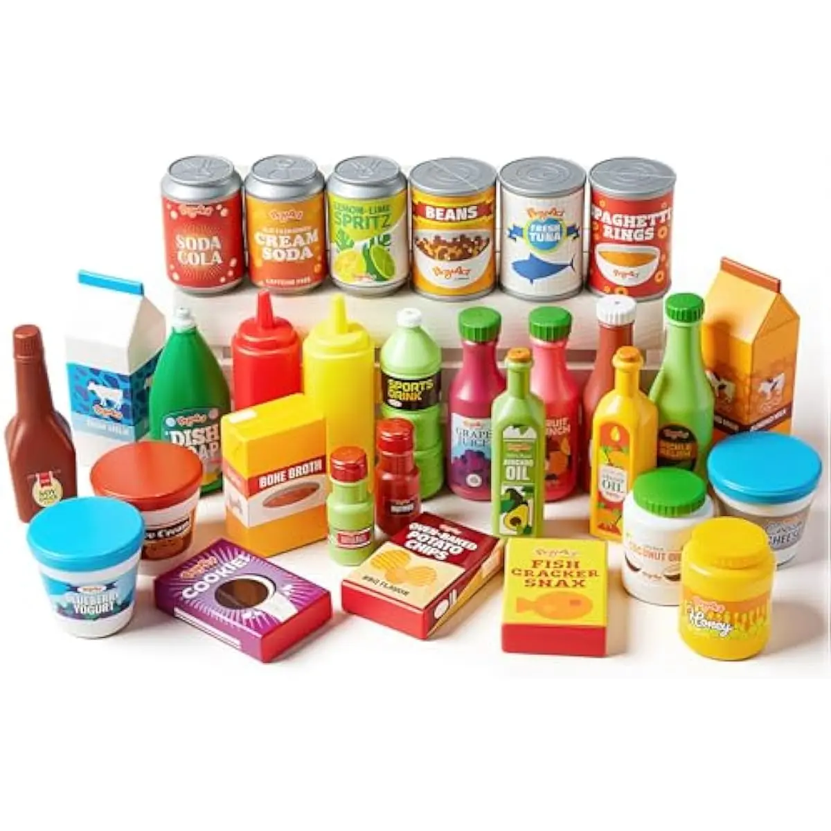 30Pcs Play Food Grocery Cans, Play Kitchen Accessories, Includes Drink, Juice, Jar, Seasoning, Water Bottle, Sauce, Yogurt, Ice Cream, Snack Box, Kids Gifts & Indoor Toys