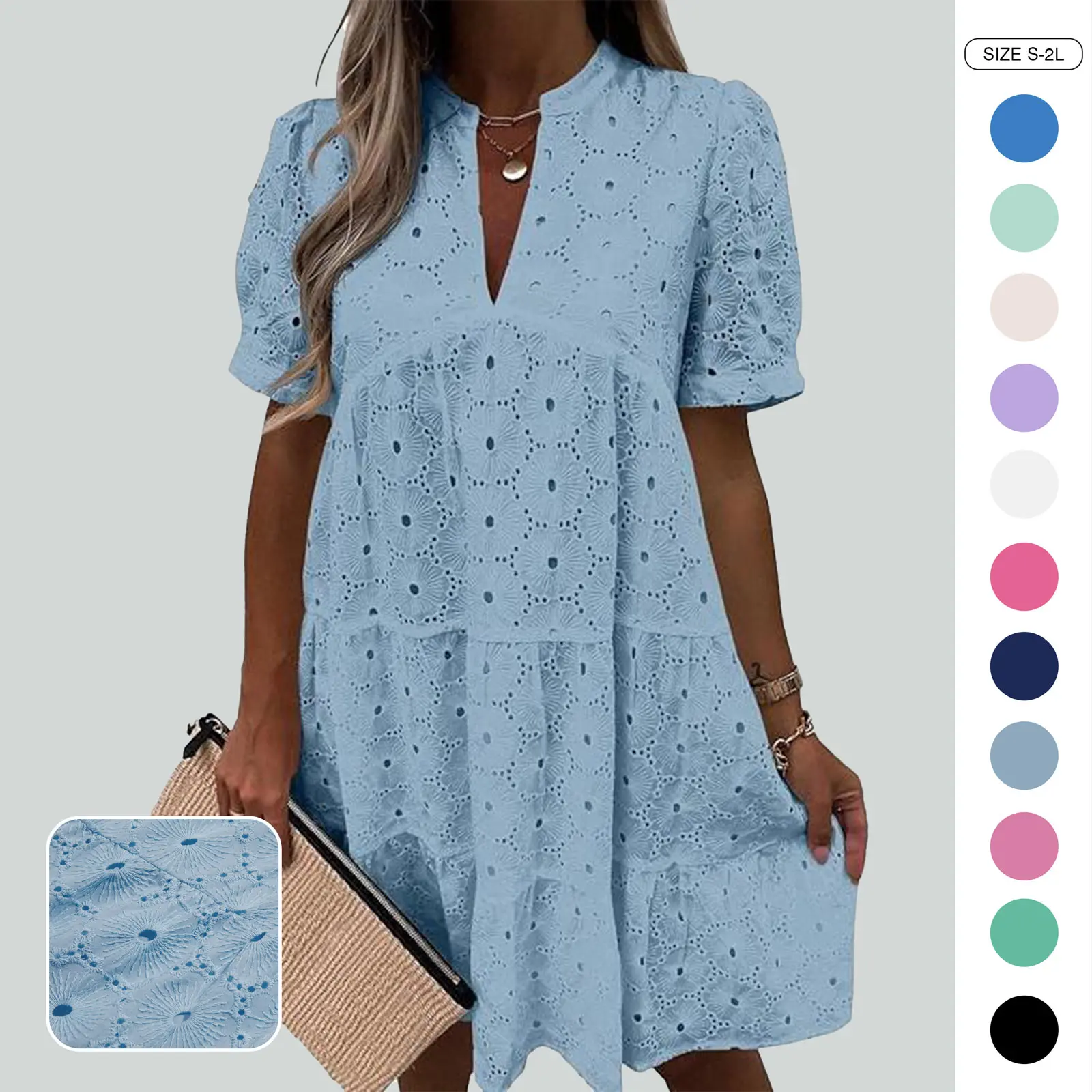 Wenrine Women’s Summer Lace Dresses Eyelet Casual Flowy Babydoll Swing Short Sleeve V Neck Tunic Dress Wenrine Women’s Summer Lace Dresses Eyelet Casual Flowy Babydoll Swing Short Sleeve V Neck Tunic Dress