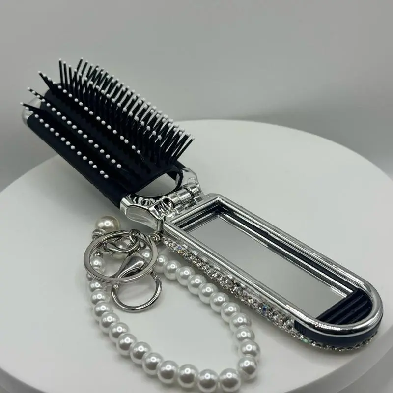 Mini Folding Hair Brush with Mirror, Rhinestone Travel Hair Brush, 2-in-1 Bling Compact Detangling Hairbrush with Pearl Chain, Cute Purse Brush for Women & Girls, Birthday Gift