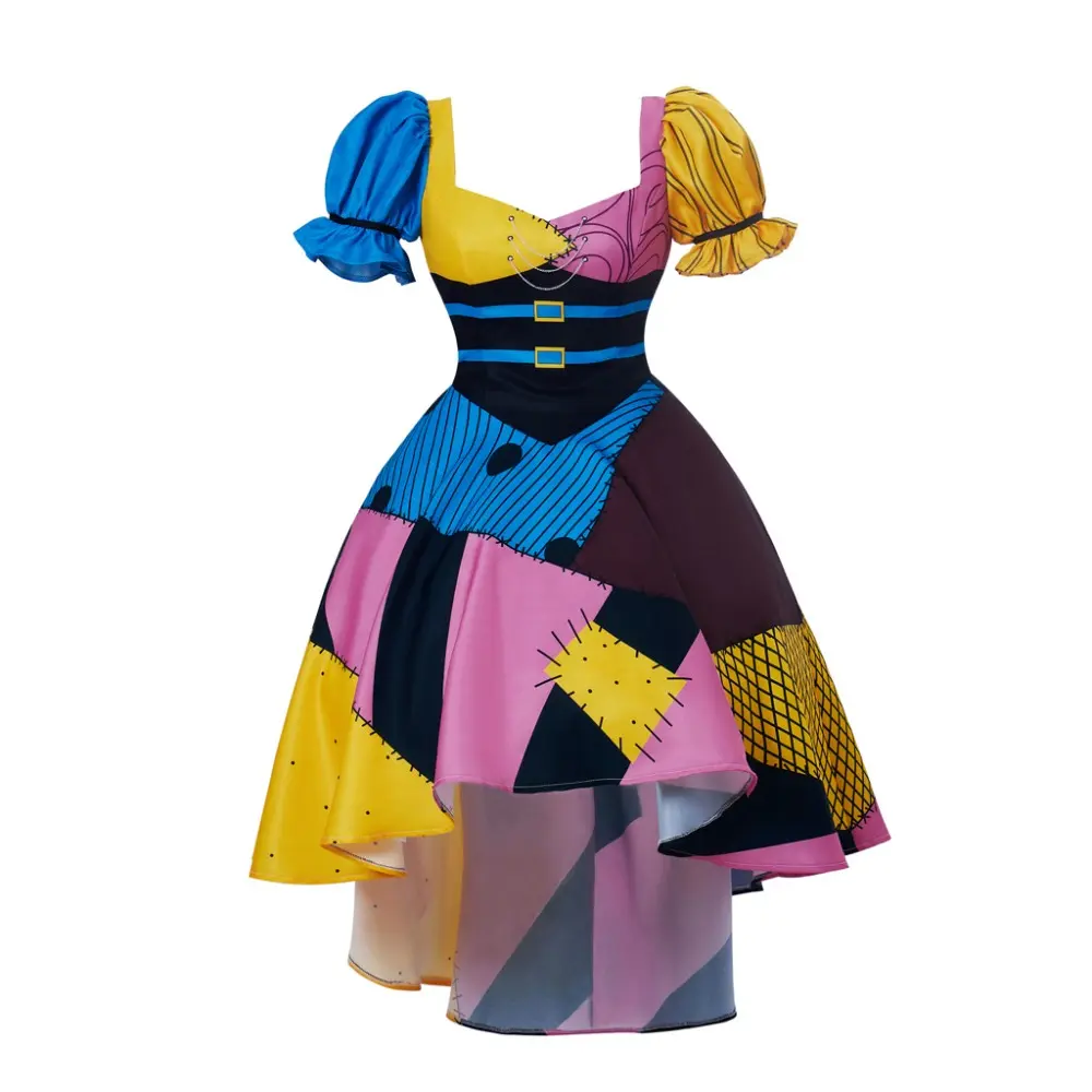 Women's Sally-Style Patchwork Costume Dress - Deluxe Multicolor Polyester Fabric, Flat, Jagged Hemline, Hand Wash, Height 61"-70", for Movie/TV Themed Parties, Role-Playing, Hip Plus Size 3XL Women's Special Clothing