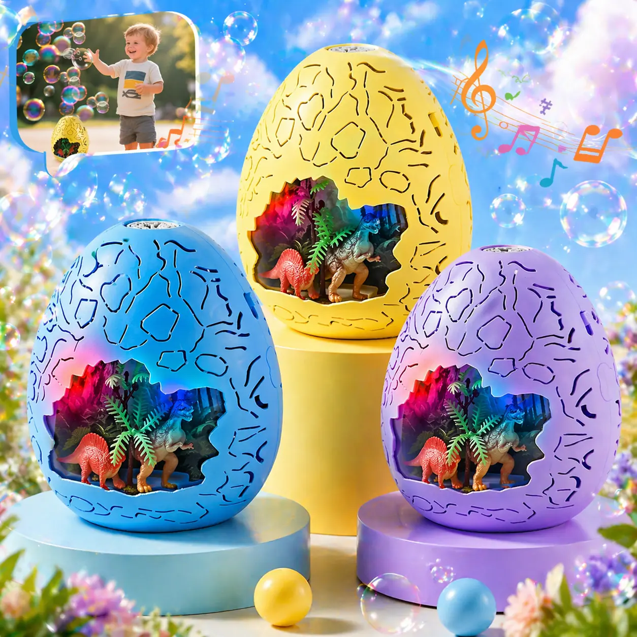 LED Dinosaur Bubble Machine for Kids, Musical Automatic Bubble Maker, Rechargeable Egg Bubble Blower for Outdoor Summer Play