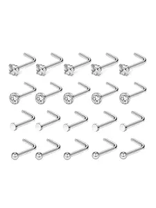 20Pcs Surgical Steel Nose Studs for Women Men, 20G Hypoallergenic Nose Rings Studs, Ball Nose Studs, L Shape/Corkscrew/Straight Bar Nose Piercing Jewelry, Perfect Gift for Her, Flat Top Nose Rings Studs