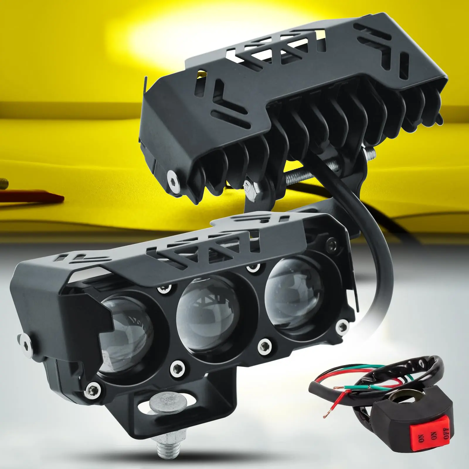 2 Pack 3 Lens Motorcycle LED Spot Light - Dual Color Super Bright, Beam Fog Lamps for Motorcycle, Lightweight LED Headlights, Fog/Running/Turn Signal Bulbs for Night Safety Riding