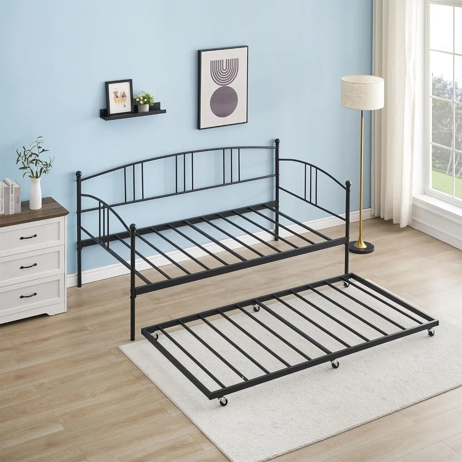 Durable Metal Twin Divan Bed (Pull Out Bed) with Pullout Trundle, USB Port, 6 Casters, Steel Slats, 350lb Capacity, 74.8 in L x 35.4 in W x 4.3 in H Trundle, No Box Spring Needed, Assembly Required, Sturdy Frame for Living Room, Bedroom