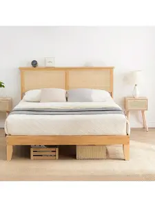 Natural Double bed Full Size Bed Frame With Rattan Headboard, Platform Bed Frame With LED Lights And Wood Headboard, Strong Wooden Slat, Mattress Foundation, Noise Free, No Box Spring Needed (Square)