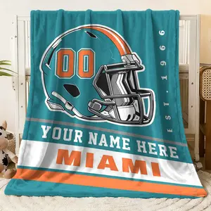 Customizable Miami Football Helmet Flannel Blanket, Personalized Name Soft Cozy Throw Blanket with EST.1966 & Team - Inspired Helmet Graphic for Fans, Warm Plush Blanket for Bed Couch (Teal/Orang