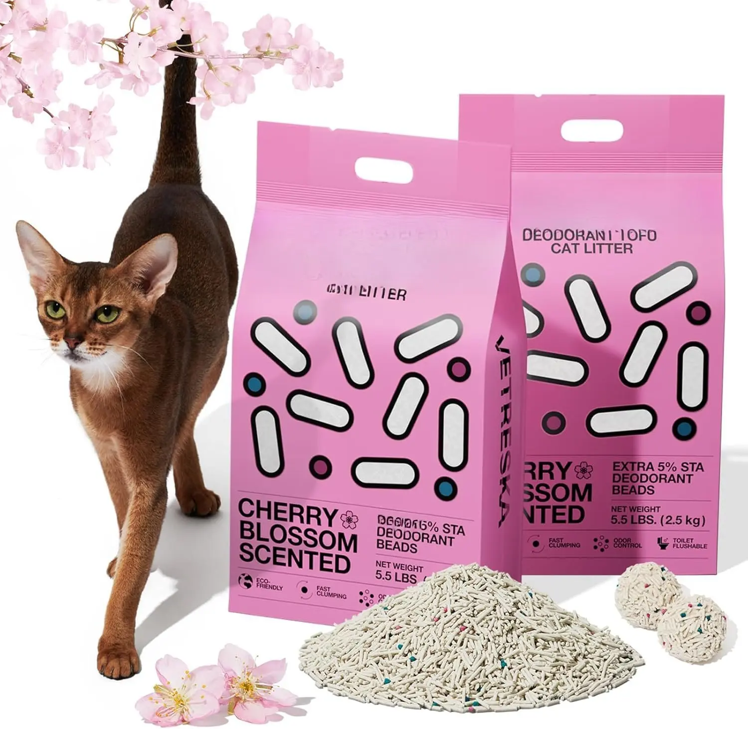 Cherry Blossom Tofu  Litter, Kitty Litter  Clumping Flushable  Litter Pellets Ultra Absorbent,Dust-Free,Low ,Deodorant Tofu Litter Compostable(5.5lb2bags)
