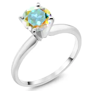 Gem Stone King 14K White Gold Mercury Mist Mystic Topaz Solitaire Engagement 4-Prong Ring For Women | 1.00 Cttw | Round 6MM | Gemstone Birthstone
