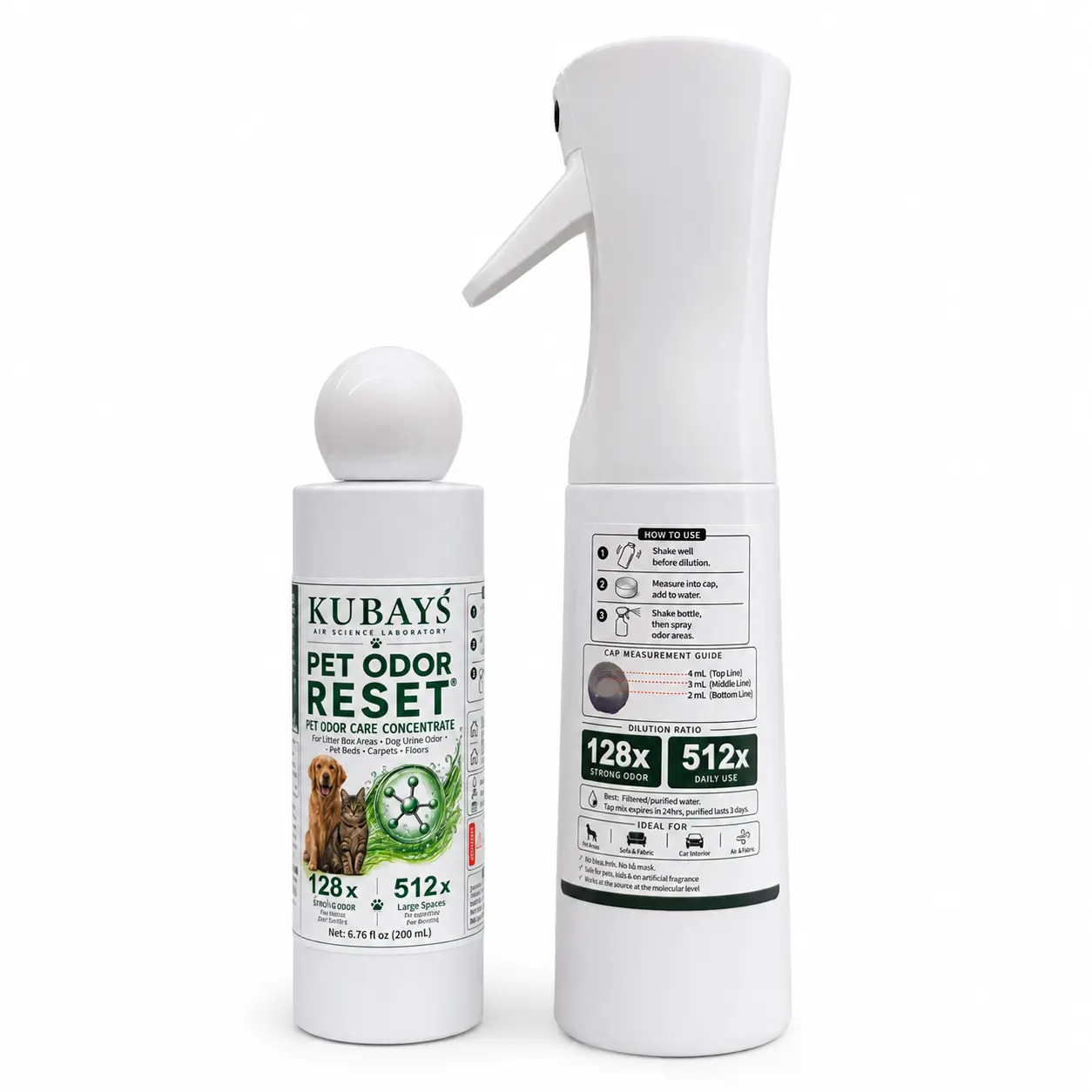 Kubays Bio-Enzyme Pet Odor Eliminator Kit, 200mL + 300mL Spray Bottle, Breaks Down Odors, Not Masks Them, 128X/512X for Pet Urine Odor