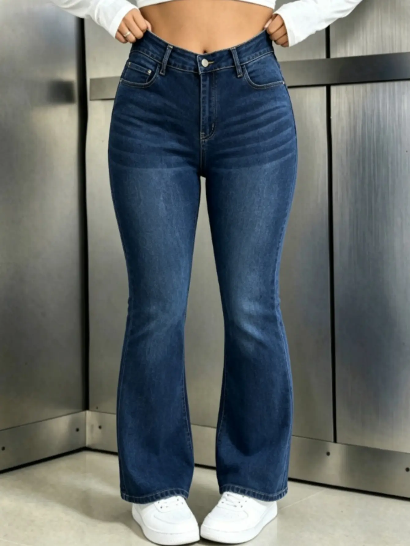 Women's High-Rise Flare Leg Denim Pants - High-Stretchy, Tummy Control, Curve-Hugging Feminine Bottom with Distressed Fabric, Plus/Regular Sizes, Minimalist Basic for Spring Day Daily Outfits (WH48)