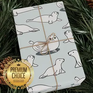 Baby Seal Wrapping Paper, Grey and White Seal Giftwrap, Seals and Icebergs Gift Wrapping Paper, for Baby Showers and Winter Holidays