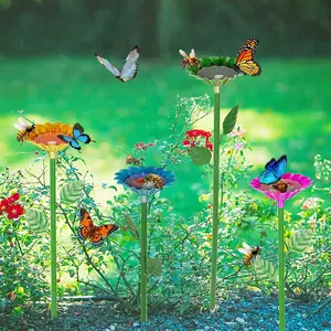 4-Pack Metal Bee Watering Station with Flower Design - Garden Bee Bath Feeder, Colorful Outdoor Decor (Red, Green, Blue, Yellow)