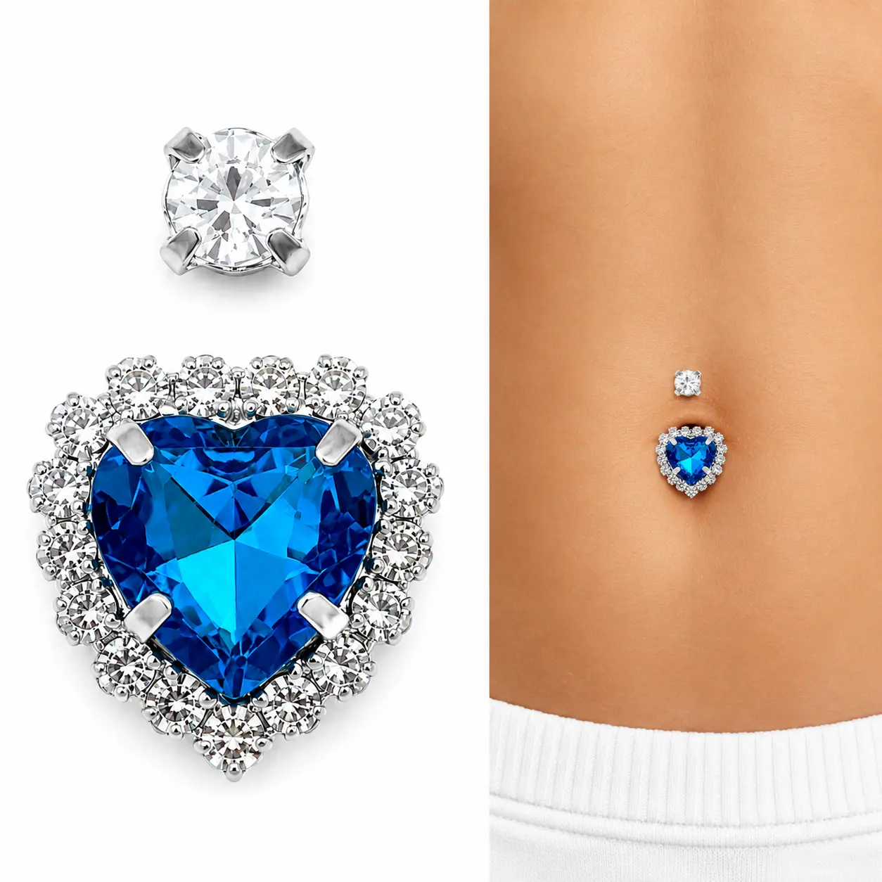 EWOPT Non Pierced Belly Ring for Women Stick On Fake Belly Button Jewelry Rhinestone Heart Navel Ring Stainless Steel Adhesive Body Jewelry Fake Peircings
