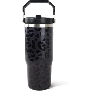 30oz Black Leopard Print Stainless Steel Vacuum Insulated Flask - With Handle, Straw, Lid, Portable Tumbler Mug, Ideal for Coffee, Women's Birthday Gift, Kitchenware Travel Drinkware Accessory