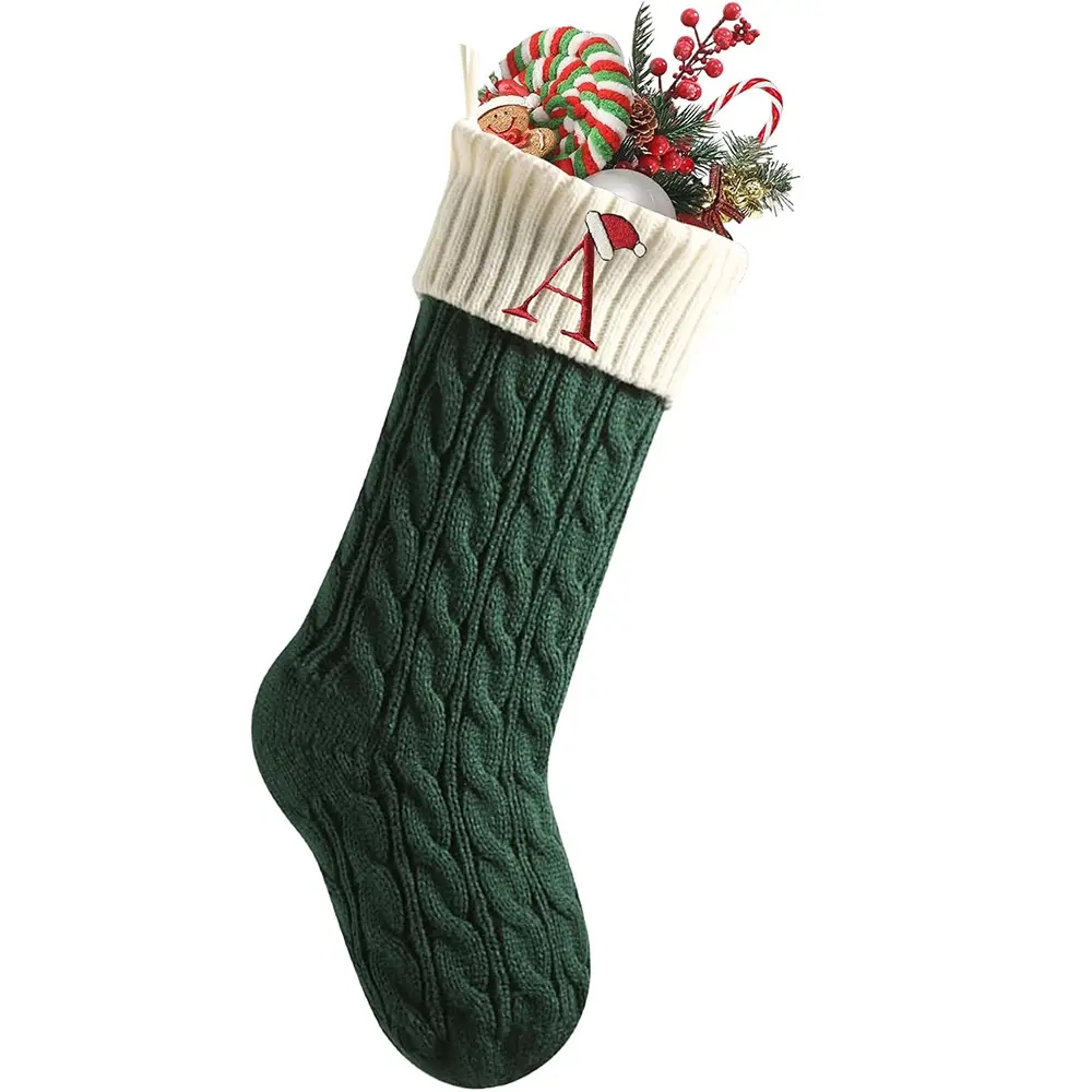 Christmas Stockings with Initials,Green Knitted Xmas Stocking,18'' Large Embroidered Monogram Christmas Stocking for Kids Family,Xmas Stocking Fireplace Holiday Party Decoration