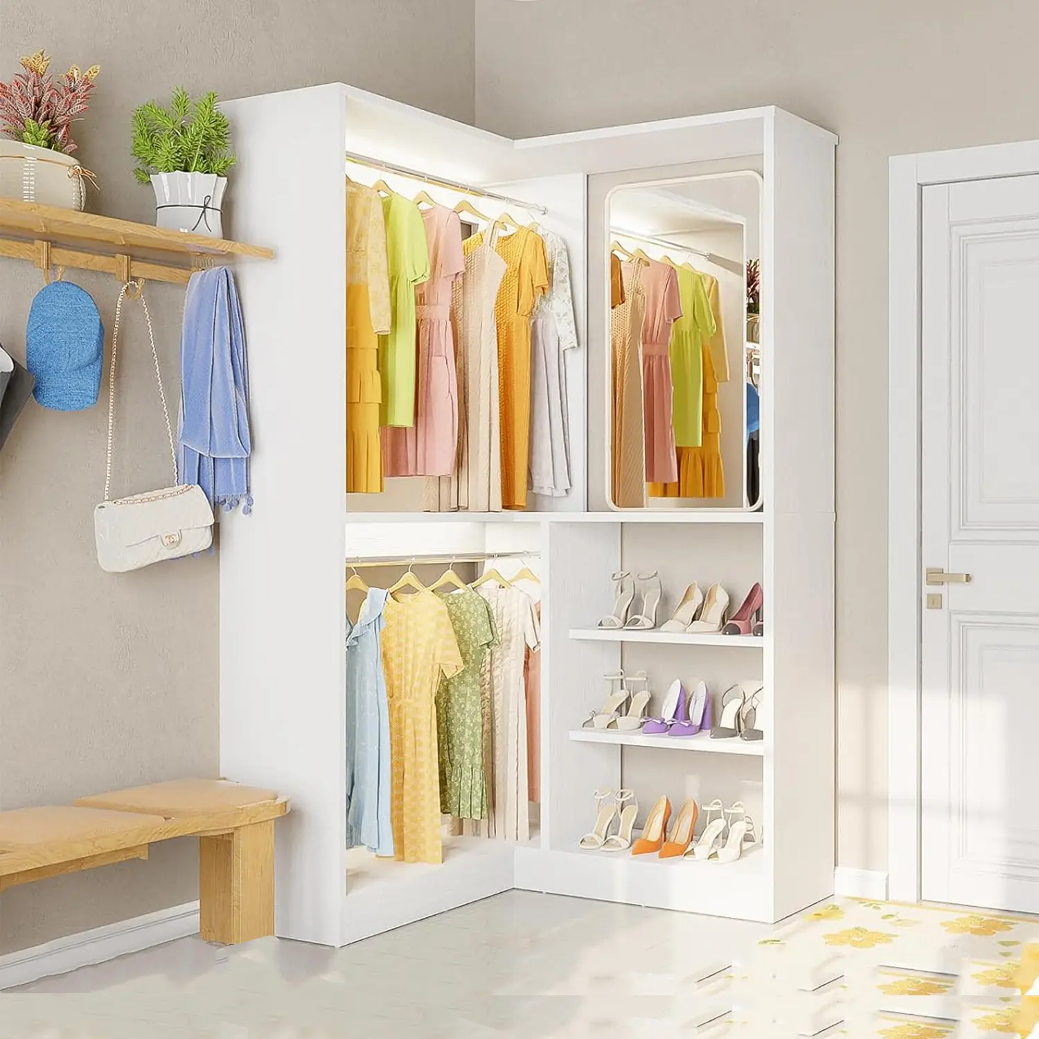 Freestanding Versatile Corner Closet System,Walk in Closet Organizer System with 2 Hanging Rods ＆ Storage Shelves,Clothes Racks,clothes Hangable Space Saving Wardrobe Modern Armoire Wardrobe