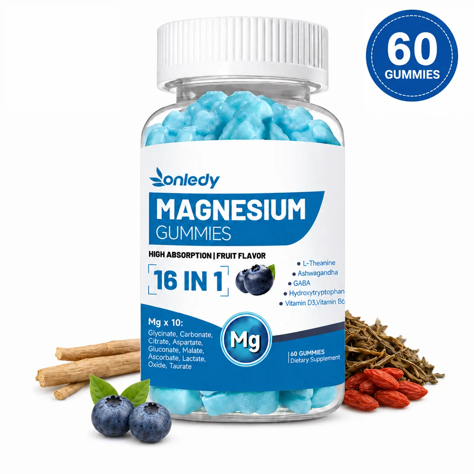 Onledy 16-in-1 Magnesium Complex Gummies with Magnesium Glycinate - Non-GMO Dietary Self-Care Supplements, Multi-Nutritional Minerals with L-Theanine, Ashwagandha, GABA, 5-HTP, Vitamin D3, B6, for Sleep Support, Stress Relief, Bone Health, 2 Gummies Daily