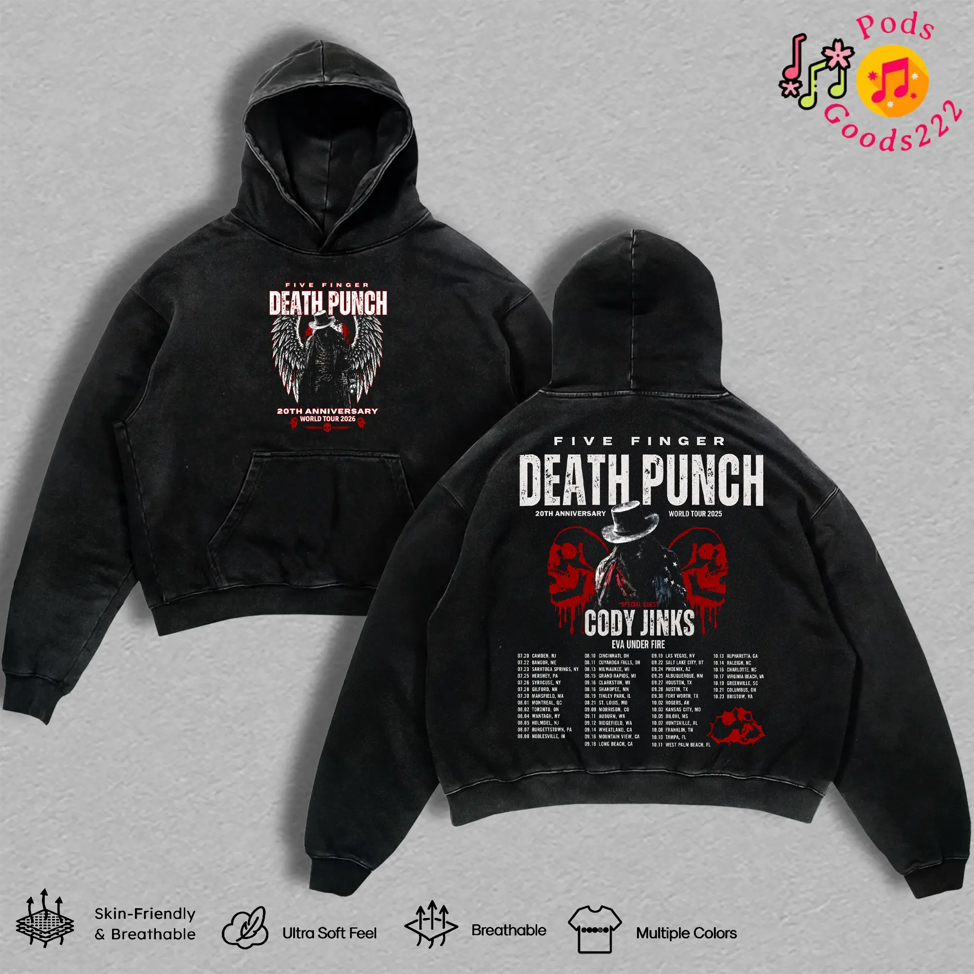 Five Finger Death Punch 20th Anniversary World Tour 2026 Graphic T-Shirt, Hoodie, Sweatshirt, Vintage Washed Oversized Heavyweight Cotton Tee, Double Sided Metal Band Concert Merch, Unisex Streetwear Gift for FFDP Fans