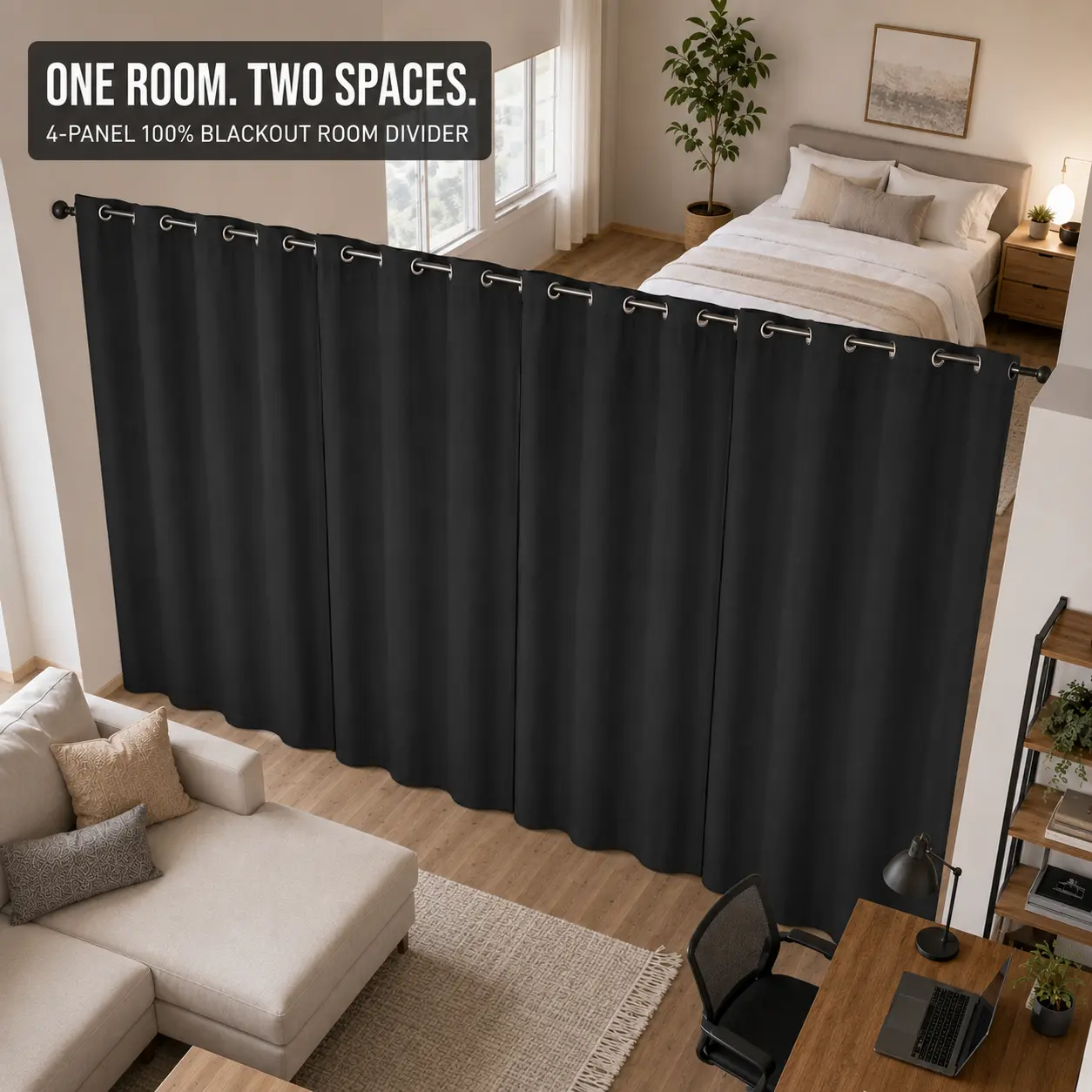 100% Blackout 4-Panel Room Divider Curtains, Lightweight Grommet-Top Privacy Partition for Studio Apartment, Bedroom, Large Window