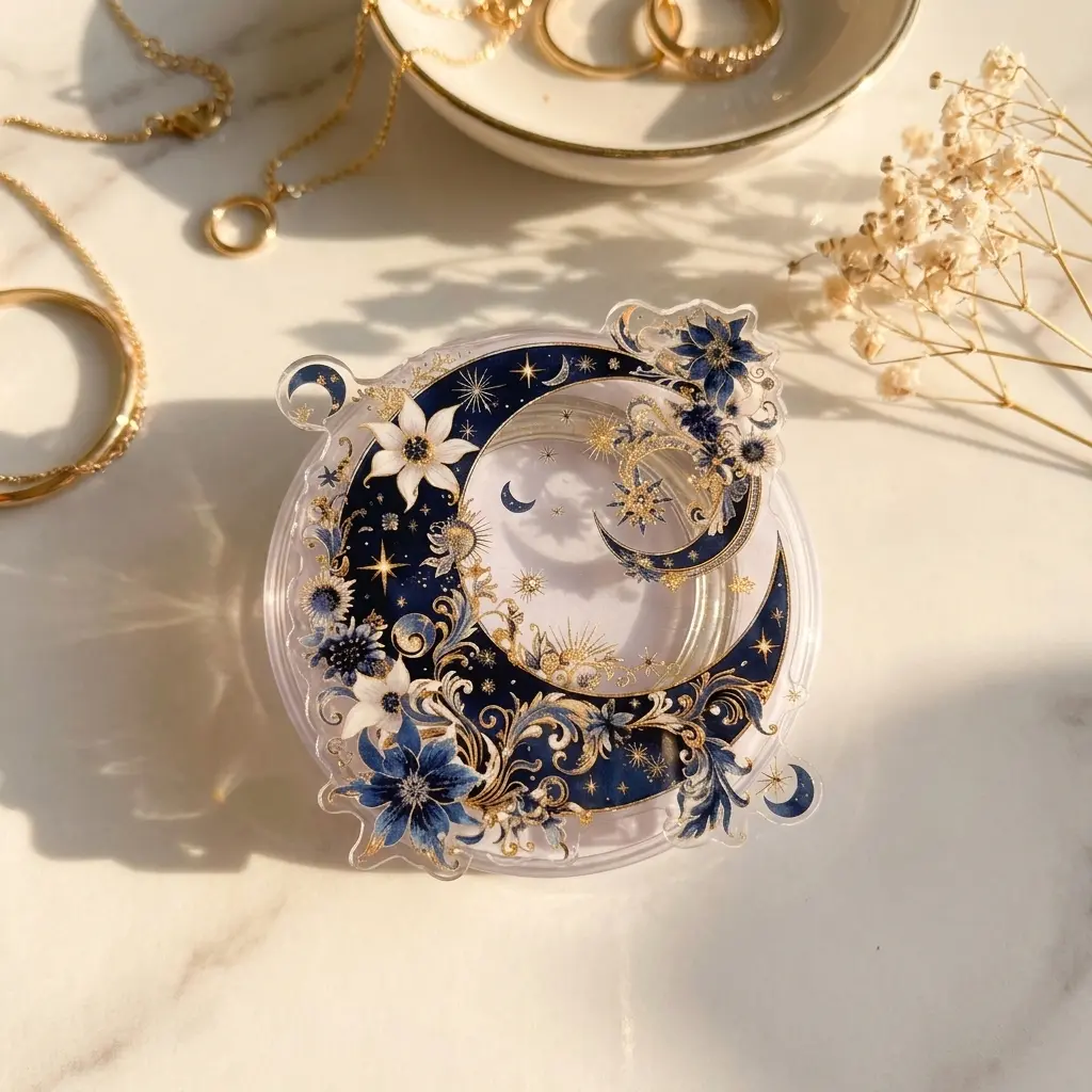 Midnight Moon Floral Phone Grip, Aesthetic Celestial Starry Night Holder, Magical Blue Gold Base Stand, Elegant Gift For Bookworms Case Accessory