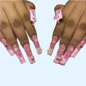 24 PCS Pearl Love Star Nail Art, Long Length Long Water Pipe Fake Nails,Square Head Nail Tips False Nail