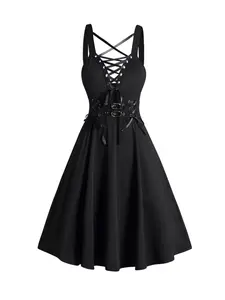 Women's Gothic Cocktail Dress Lace Up Buckle Strap Crisscross Plunging Neck High Waisted A Line Mini Dress Party Swing Dresses Black Dresses 2024 New