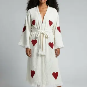 The Pinus Women's Red Heart Kimono Robe with Pockets 100% Cotton Kimono, Robe, Kaftan Womenswear Elegance Gowns Loungewear Nightwear Lady Chic Fit Elegant Long Sleeve Fabric Loose Soft Long sleeves XS- XL Valentine’s Day Gift