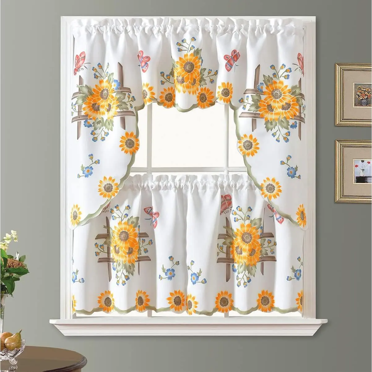 3-Piece Farmhouse Kitchen Curtains Set - Hand-Airbrushed Sunflower & Butterfly Design, Thick Satin Fabric, Swag & 24in Tiers, Home Decorative Kitchen Window Curtain, Curtains Kitchen