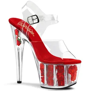 PLEASER ADORE-708FL 7 Inch Heel Clear-Red Flowers Platform Sandals with Rosette Fabric Inside Ankle Strap Summer Footwear for Women Fashionable & Elegant
