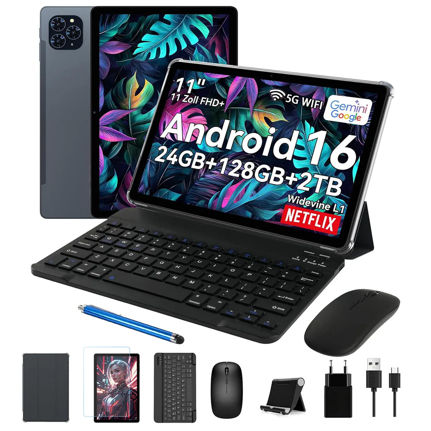 11" Android 16 Tablet Bundle with Gemini AI, 24GB RAM + 128GB, Octa-Core T7250, 8000mAh Battery, Widevine L1 Streaming, 5G WiFi, Face Unlock, 13MP Camera, 8-in-1 Tablet Set with Keyboard, Mouse, Stylus & Accessories