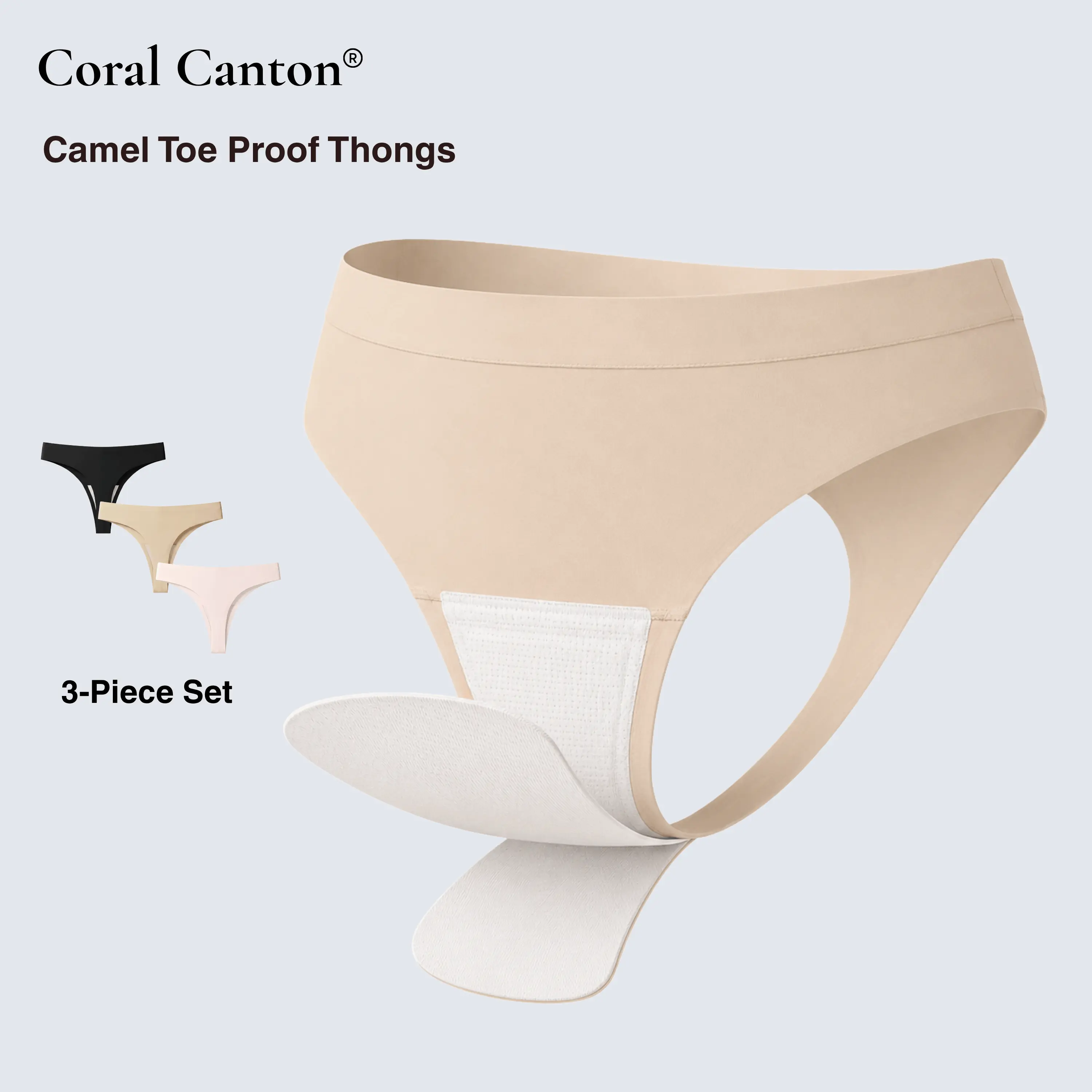 Coral Canton 3Pcs Camel Toe Proof Thong Panties Set