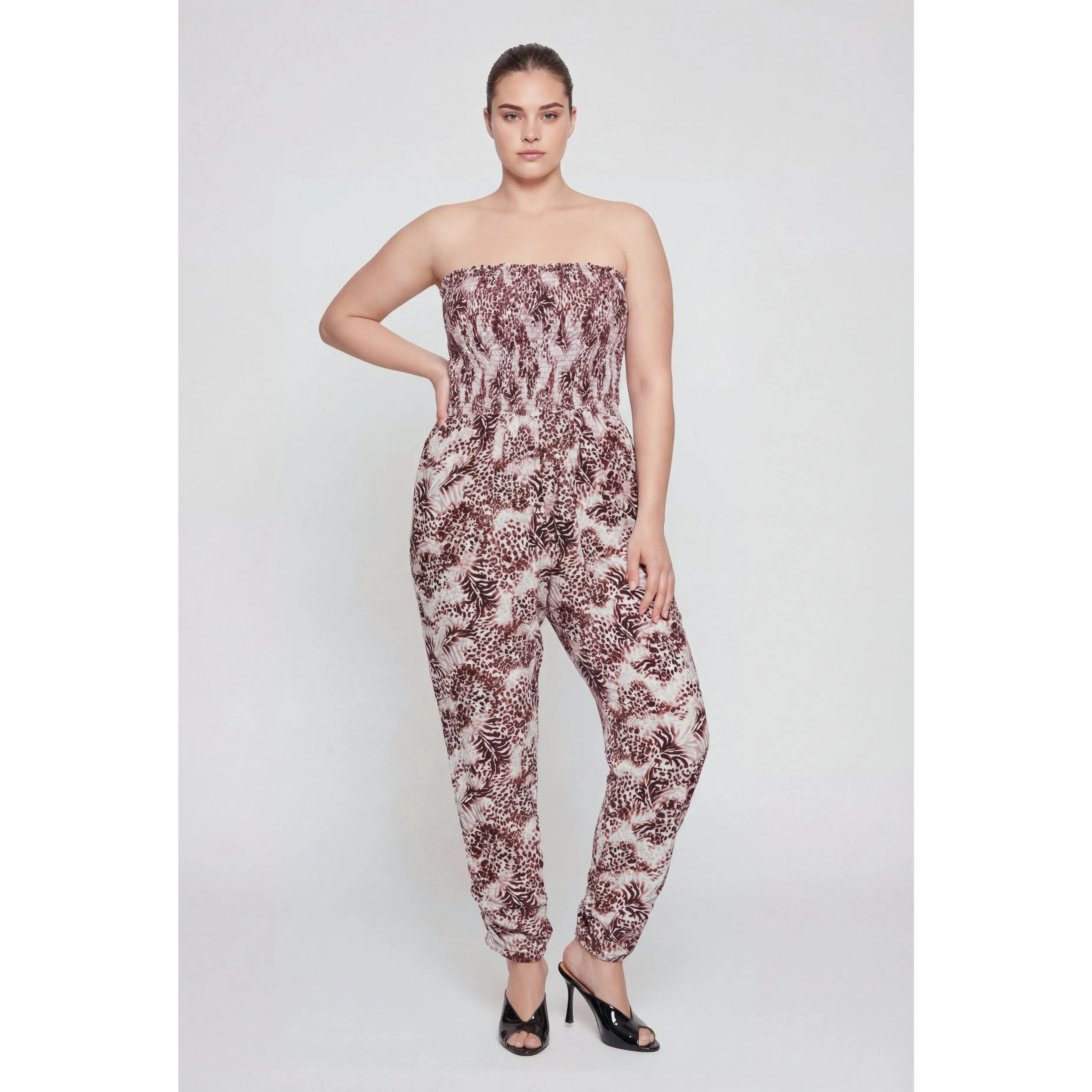 Plus Size Animal Print Smocked Tube Jumpsuit