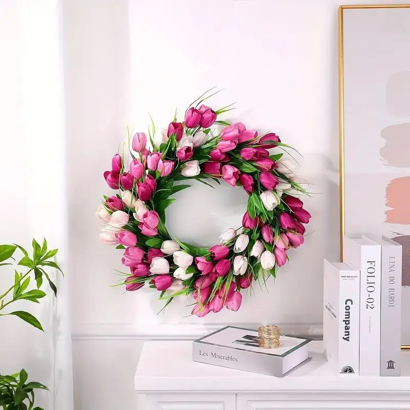 Simulated tulip garland with green leaves, spring flower simulated hanging vines, Artificial flower decoration, suitable for Valentine's Day, Easter, weddings, home and outdoor decoration, Faux flower decoration