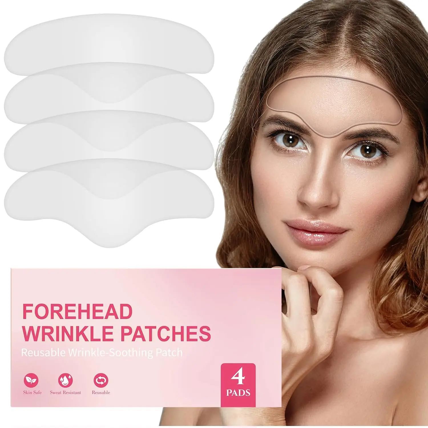 Reusable Silicone Forehead Patches, 4-Pack Cosmetic Wrinkle Smoothing Treatment for Brow Lift, Non-Invasive Skincare Beauty Tool
