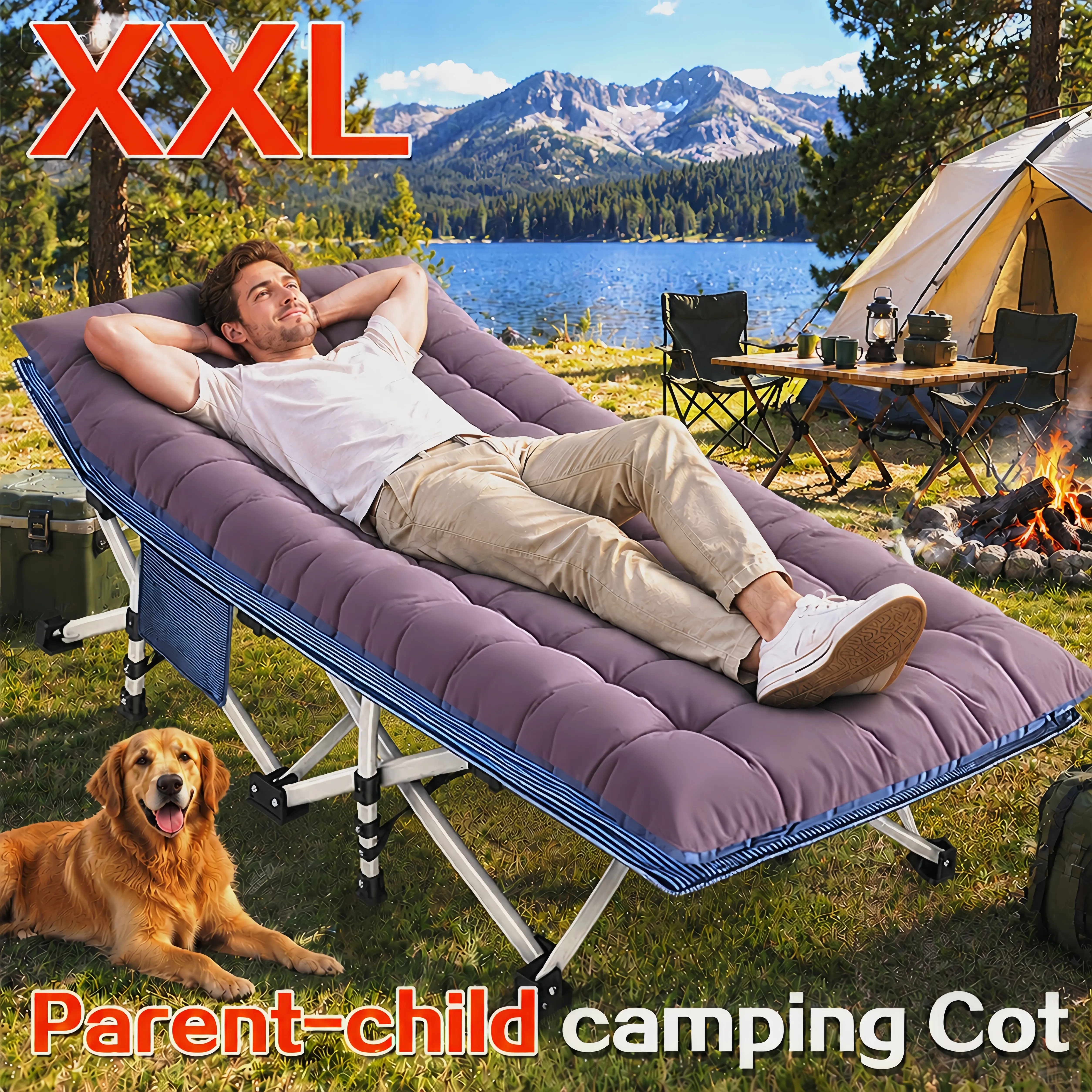 Sturdy Portable Fold Outdoor Camping Cot with Camping Bed Mat, Nonslip Heavy Duty Compact-Fold Oxford Travel Bed, Extra-Wide Mattress, Removable Cushion, Carry Bag, 900lbs Max Capacity for Adults, Home Nap