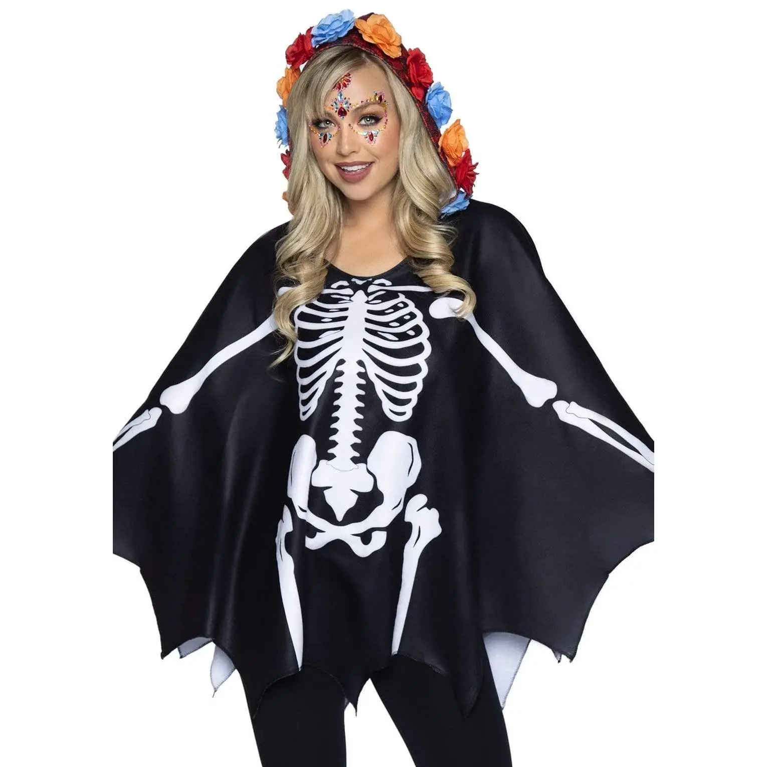 Women's Day of the Dead Poncho Costume, Casual Floral Skeleton Print Wrap with Hood for Halloween, Comfy Relaxed Fit, Clothes, Polyester, Costume Ideas, Halloween Costume