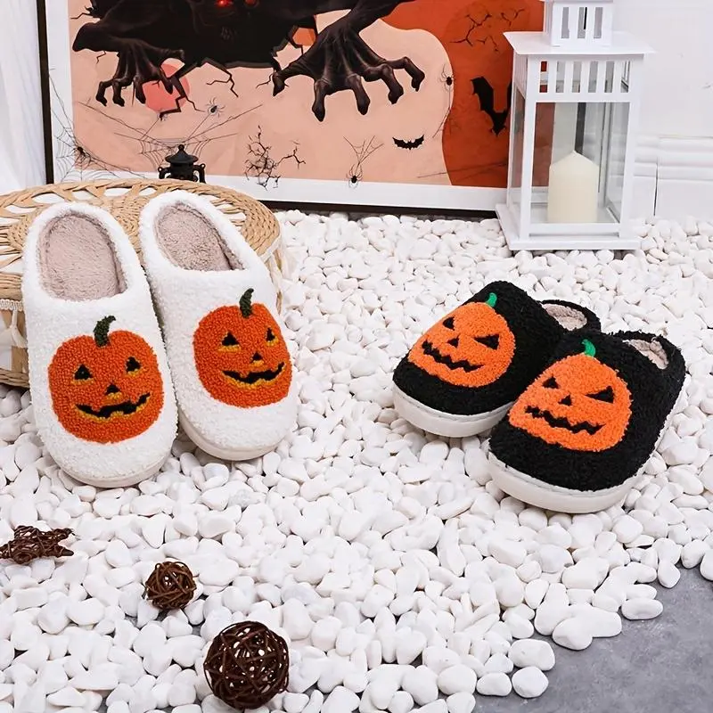 Unisex Halloween Fashion Slippers - Women's Comfi Fashion Slippers, Pumpkin Skull Plush Faux Fur Lined, Non-Slip Rubber Soft Sole, Warm Indoor/Outdoor Slides, Bedroom House Shoes, Fall Essentials Gift, Comfi Women's Fashion Slippers